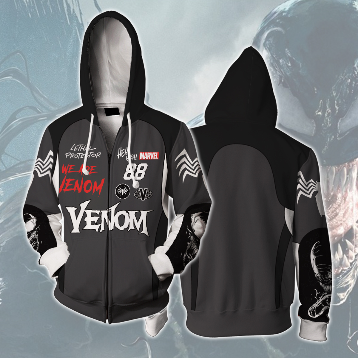 Superhero Venom Symbol Grey Black Cosplay Zip Up Hoodie