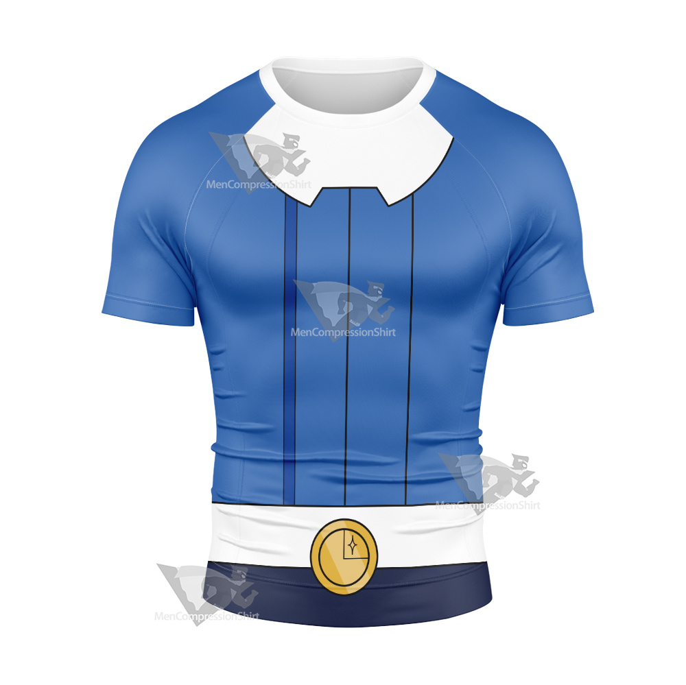 Superheroes Bouncing Boy Blue And White Short Sleeve Compression Shirt