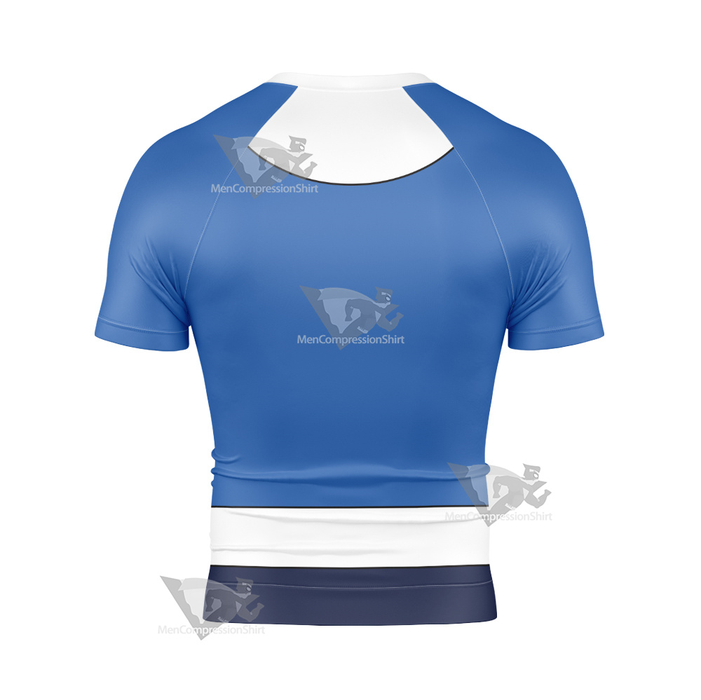 Superheroes Bouncing Boy Blue And White Short Sleeve Compression Shirt