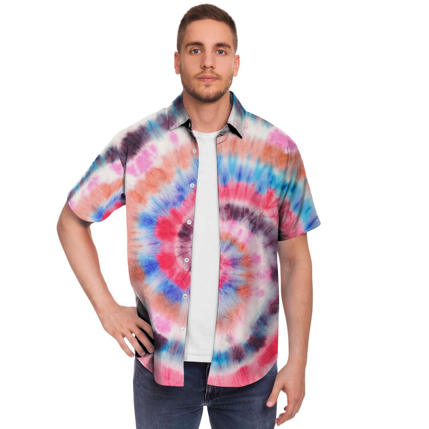 Swirl Rainbow Tie Dye Men Print Short Sleeve Button-Up Shirts