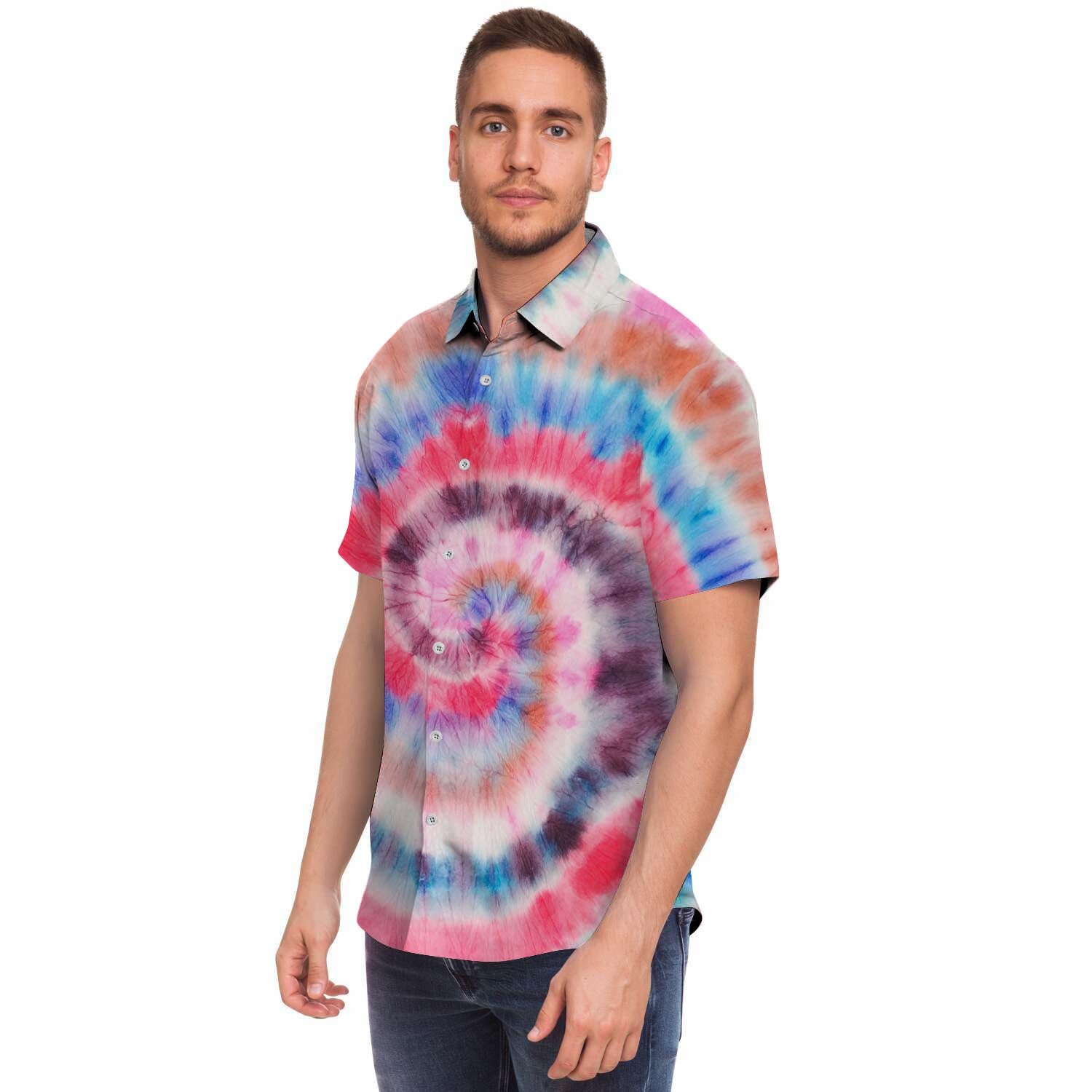 Swirl Rainbow Tie Dye Men Print Short Sleeve Button-Up Shirts
