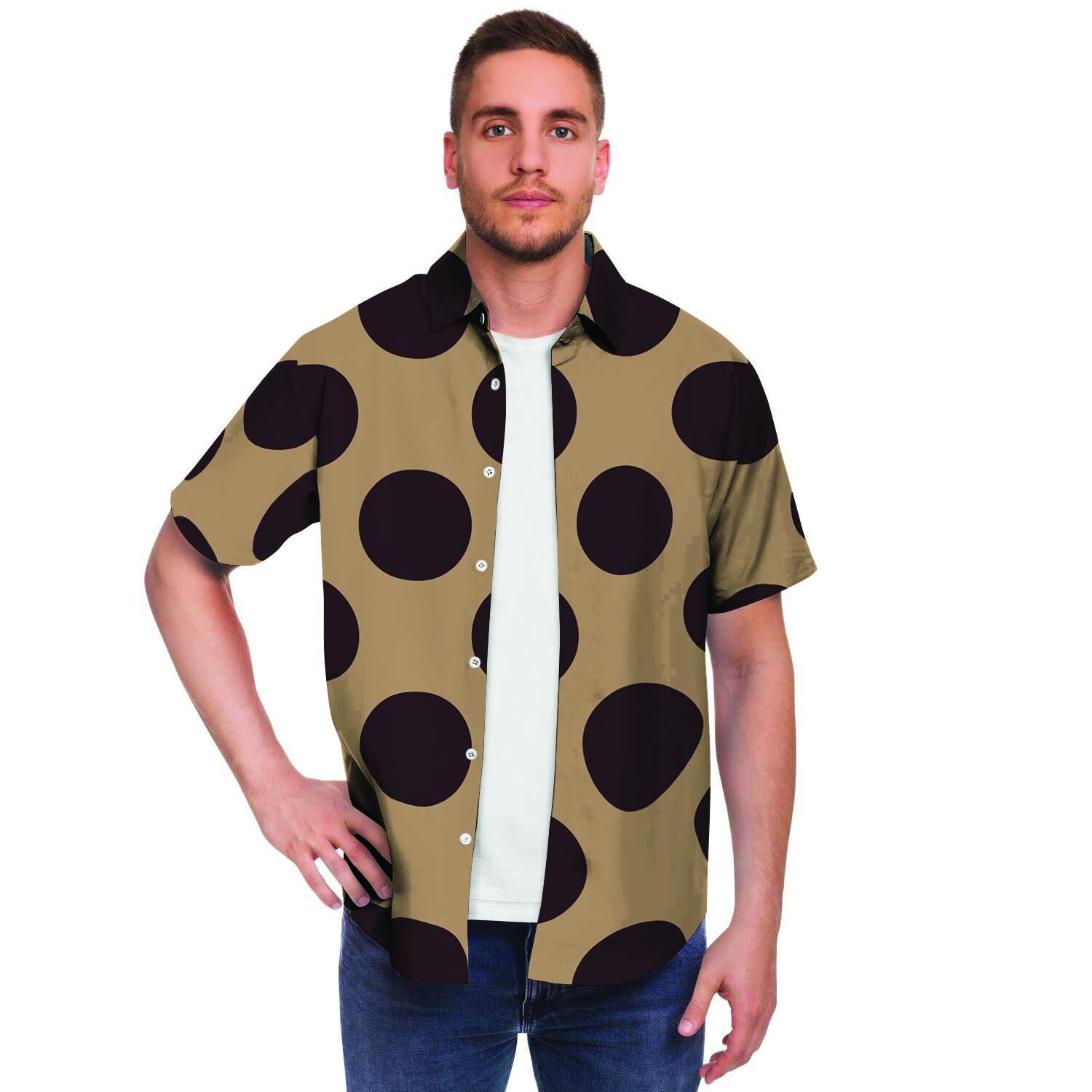 Tan And Black Polka Dot Men Print Short Sleeve Button-Up Shirts