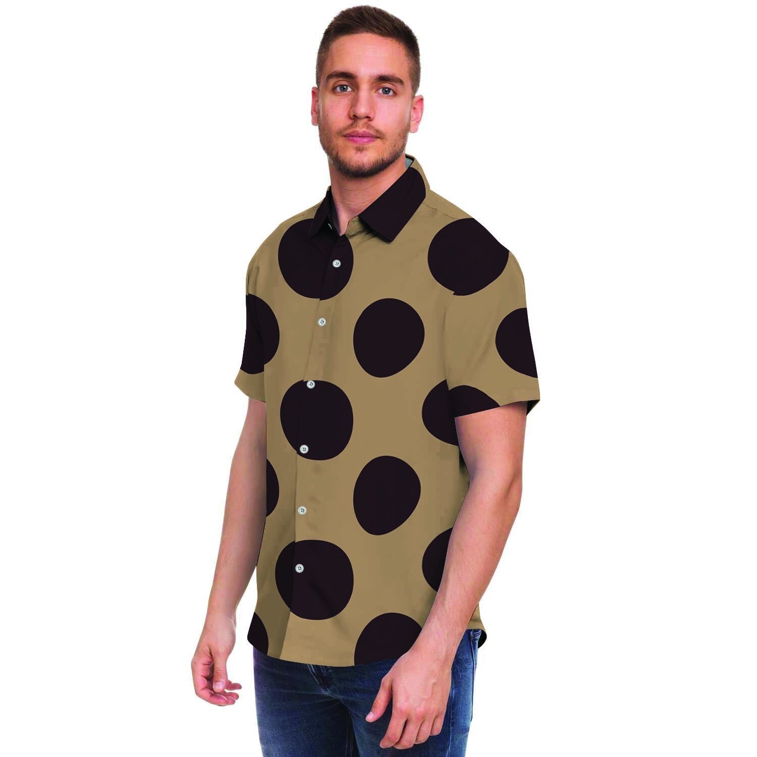 Tan And Black Polka Dot Men Print Short Sleeve Button-Up Shirts