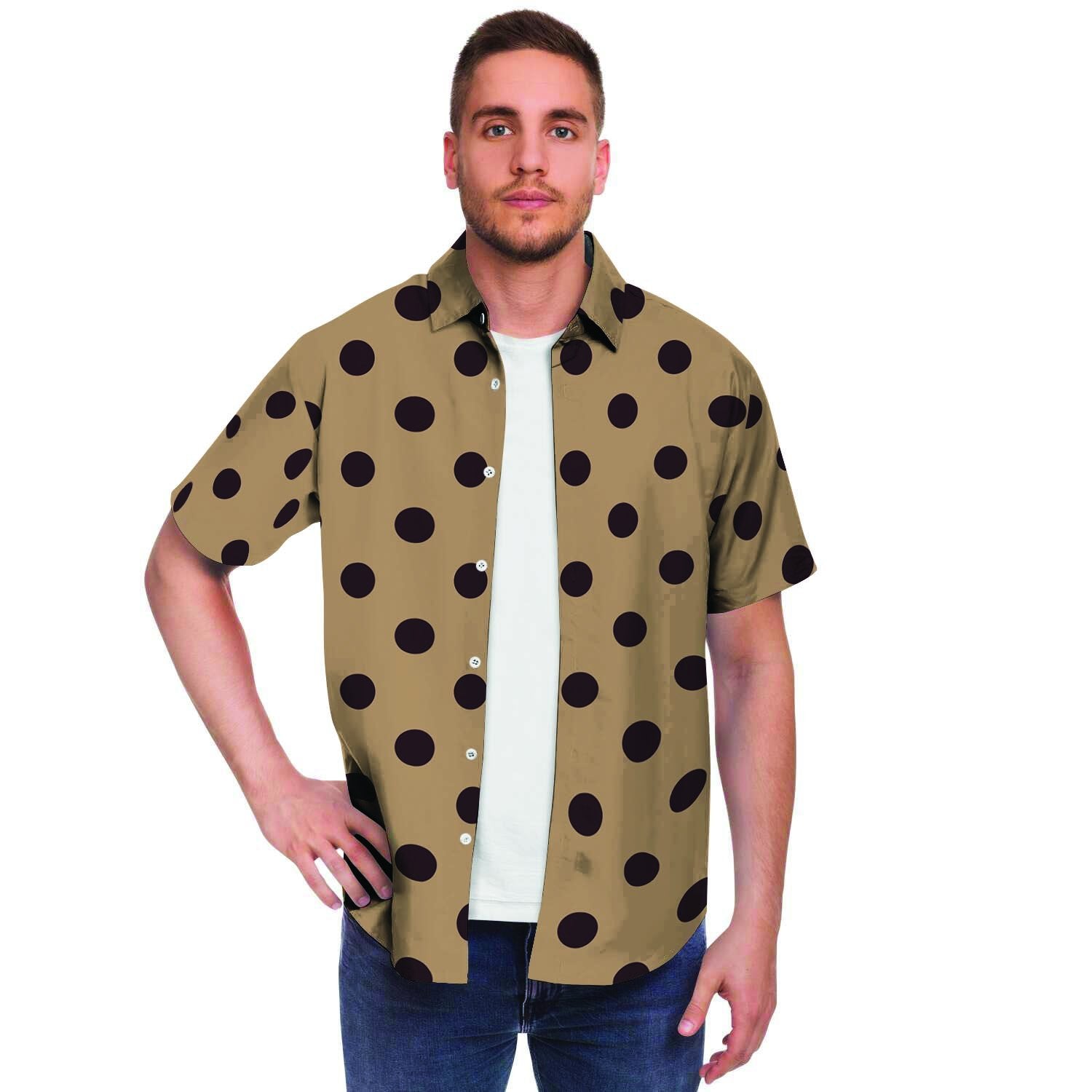 Tan And Black Tiny Polka Dot Men Print Short Sleeve Button-Up Shirts