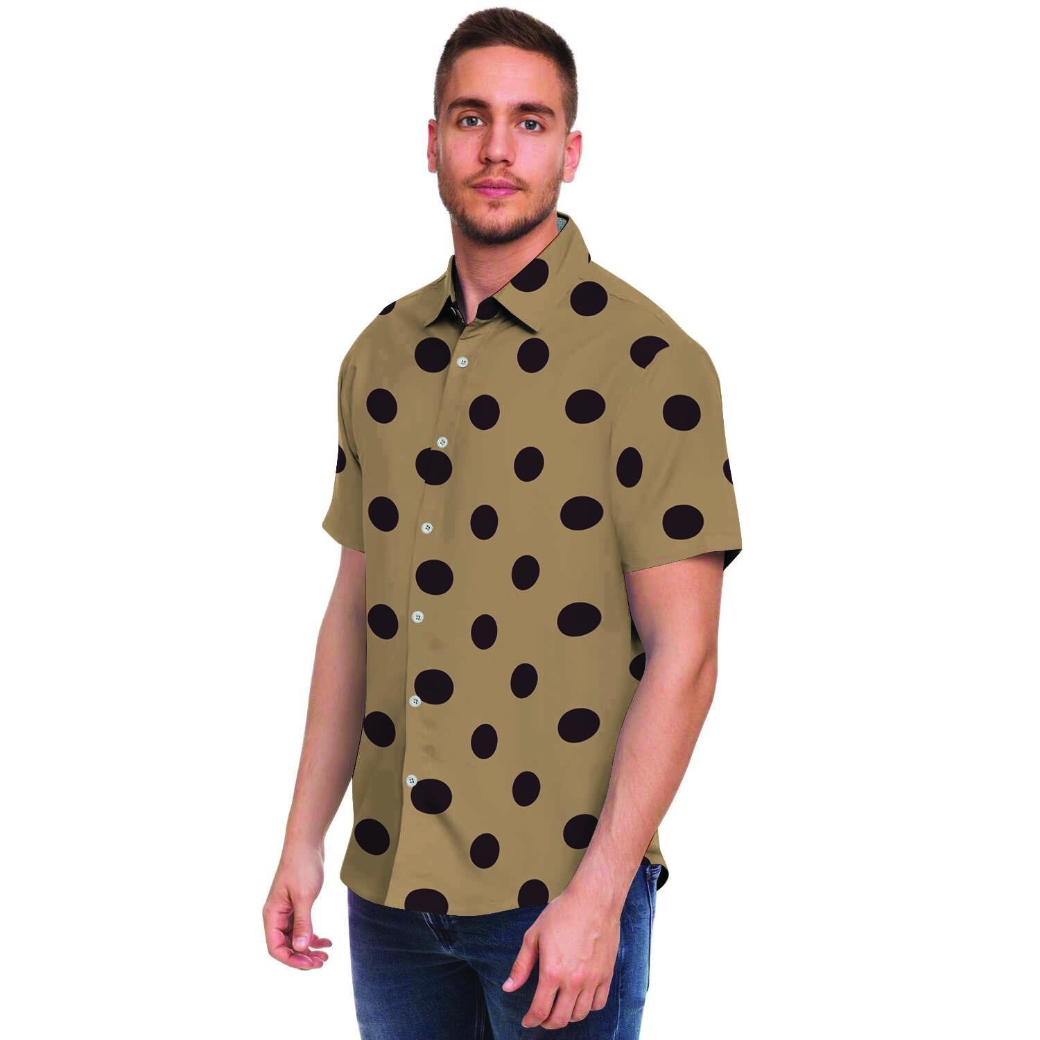 Tan And Black Tiny Polka Dot Men Print Short Sleeve Button-Up Shirts