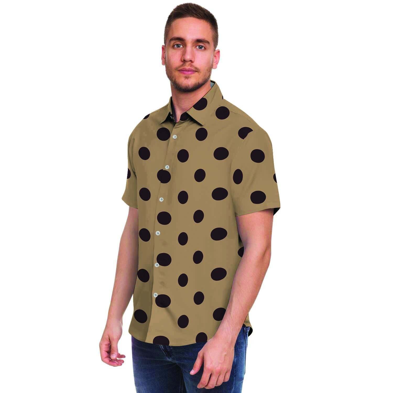 Tan And Black Tiny Polka Dot Men Print Short Sleeve Button-Up Shirts