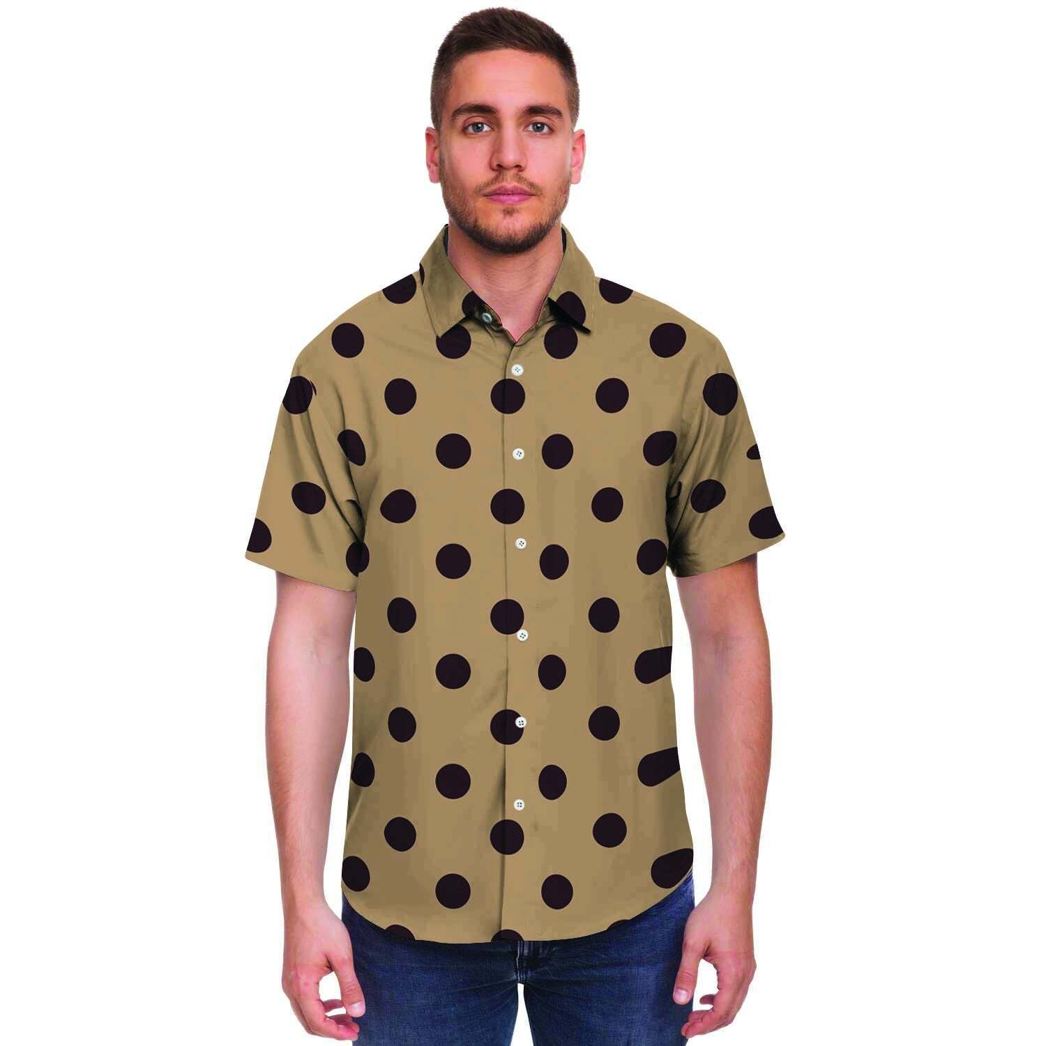 Tan And Black Tiny Polka Dot Men Print Short Sleeve Button-Up Shirts