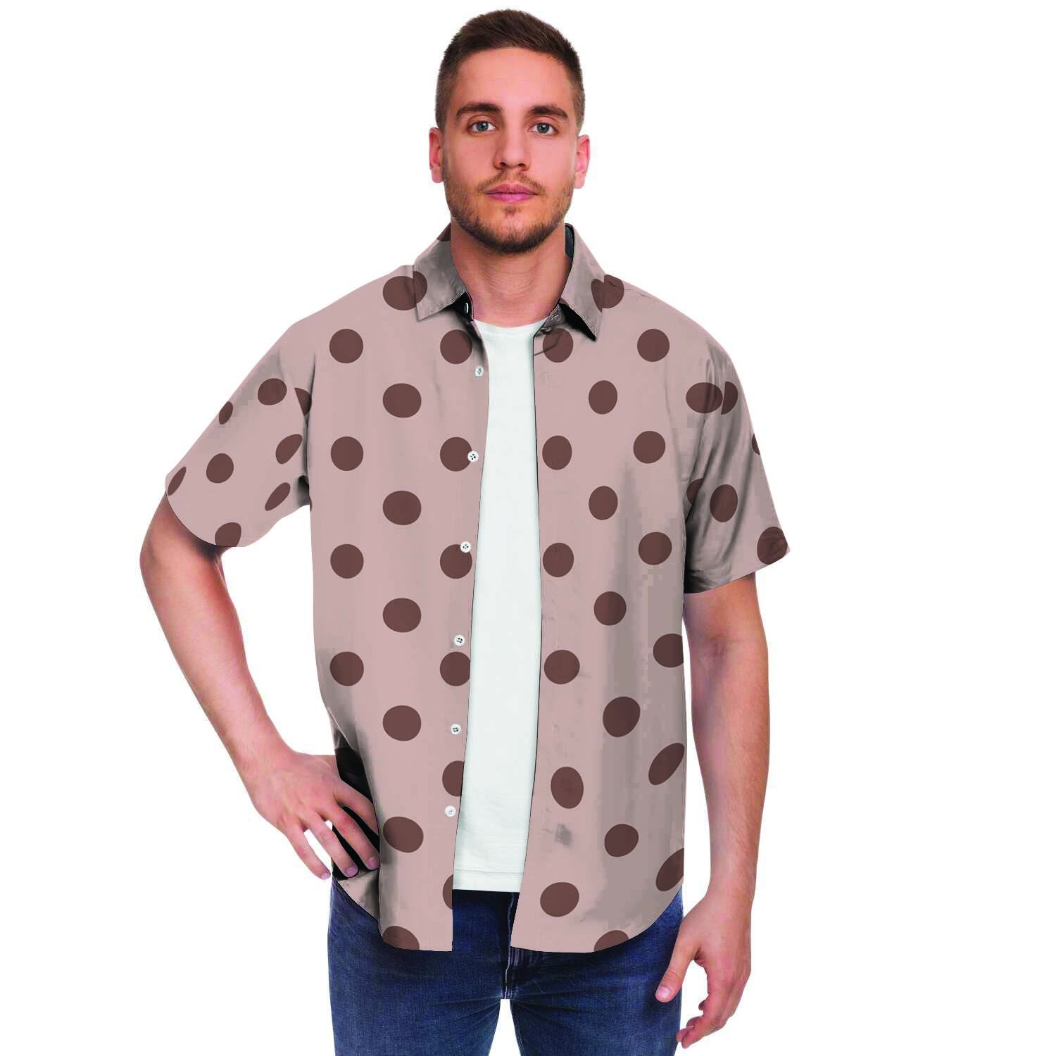Tan And Brown Polka Dot Men Print Short Sleeve Button-Up Shirts