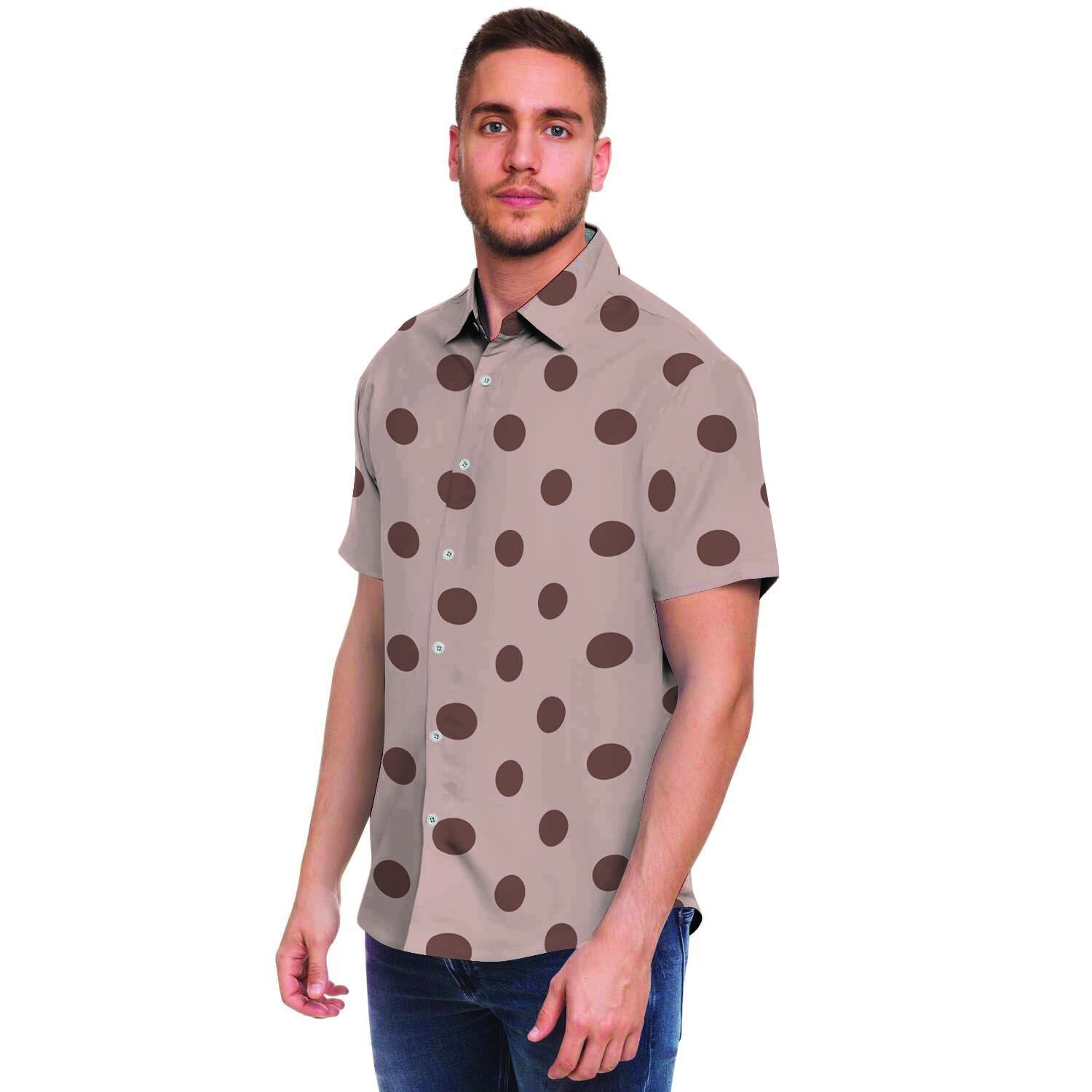 Tan And Brown Polka Dot Men Print Short Sleeve Button-Up Shirts