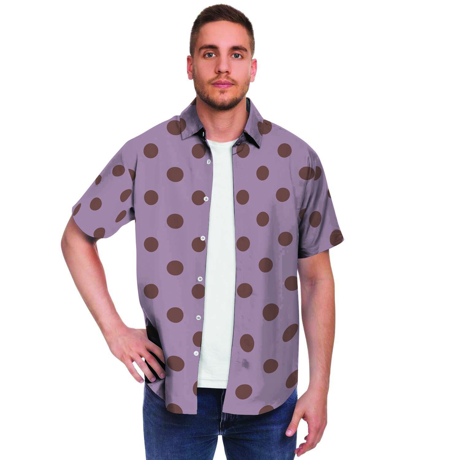 Tan And Brown Tiny Polka Dot Men Print Short Sleeve Button-Up Shirts