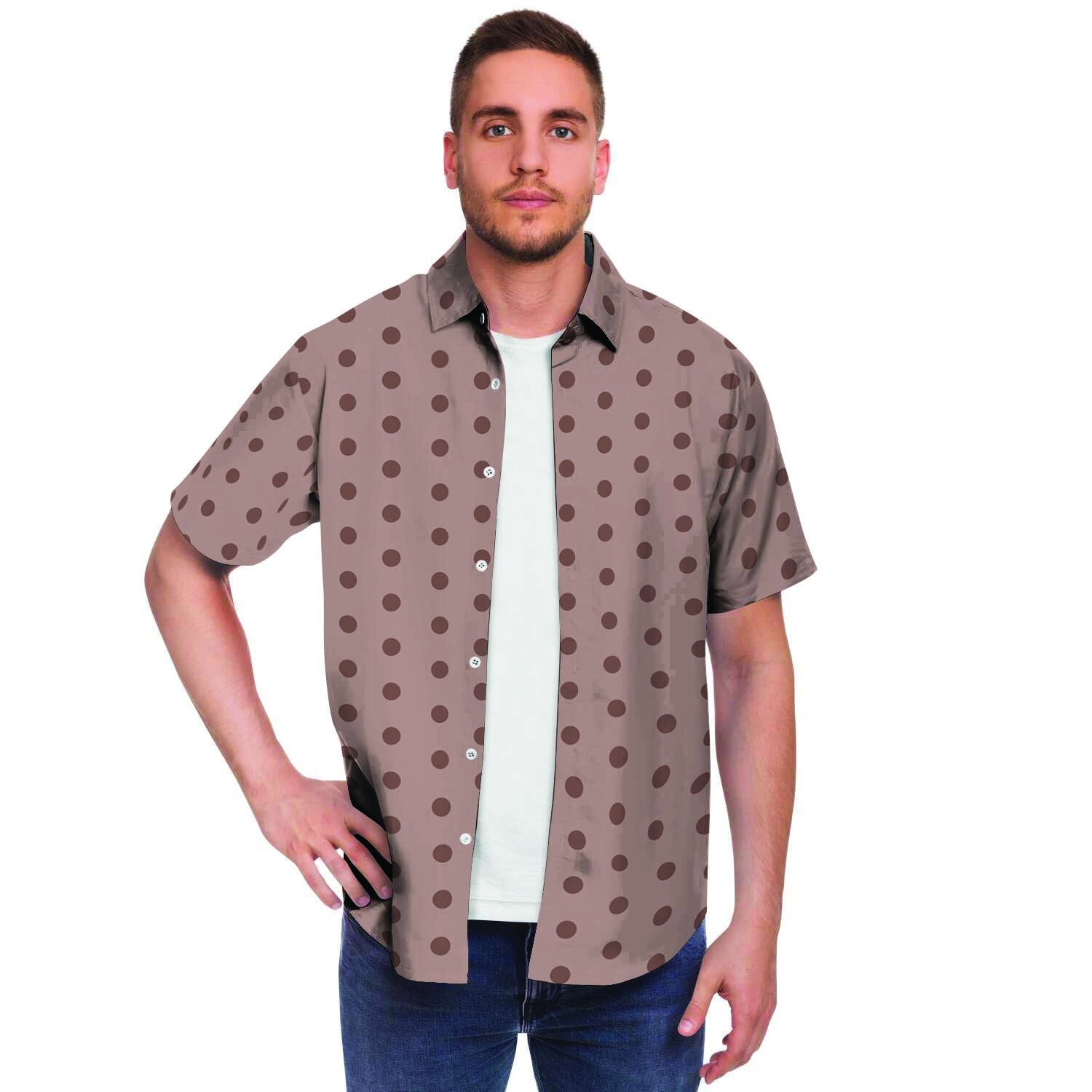 Tan Brown Polka Dot Men Print Short Sleeve Button-Up Shirts