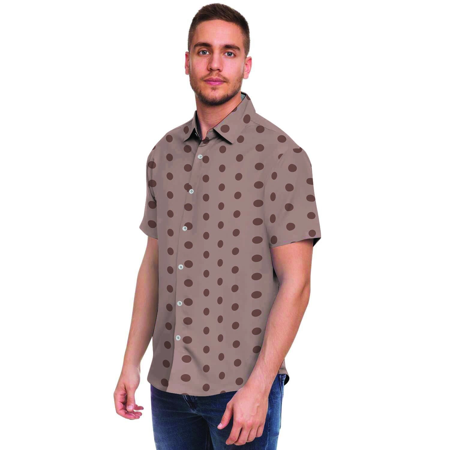Tan Brown Polka Dot Men Print Short Sleeve Button-Up Shirts