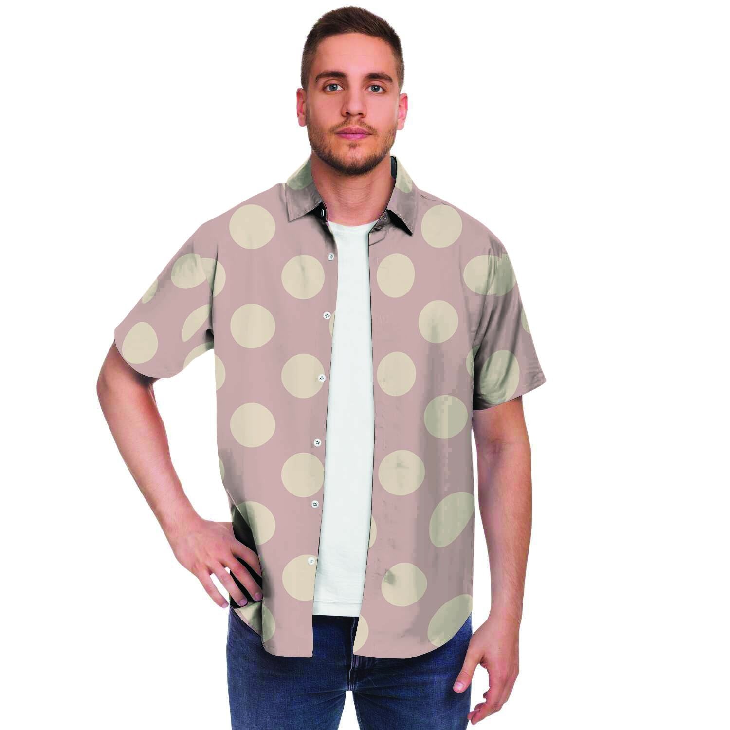 Tan Polka Dot Men Print Short Sleeve Button-Up Shirts