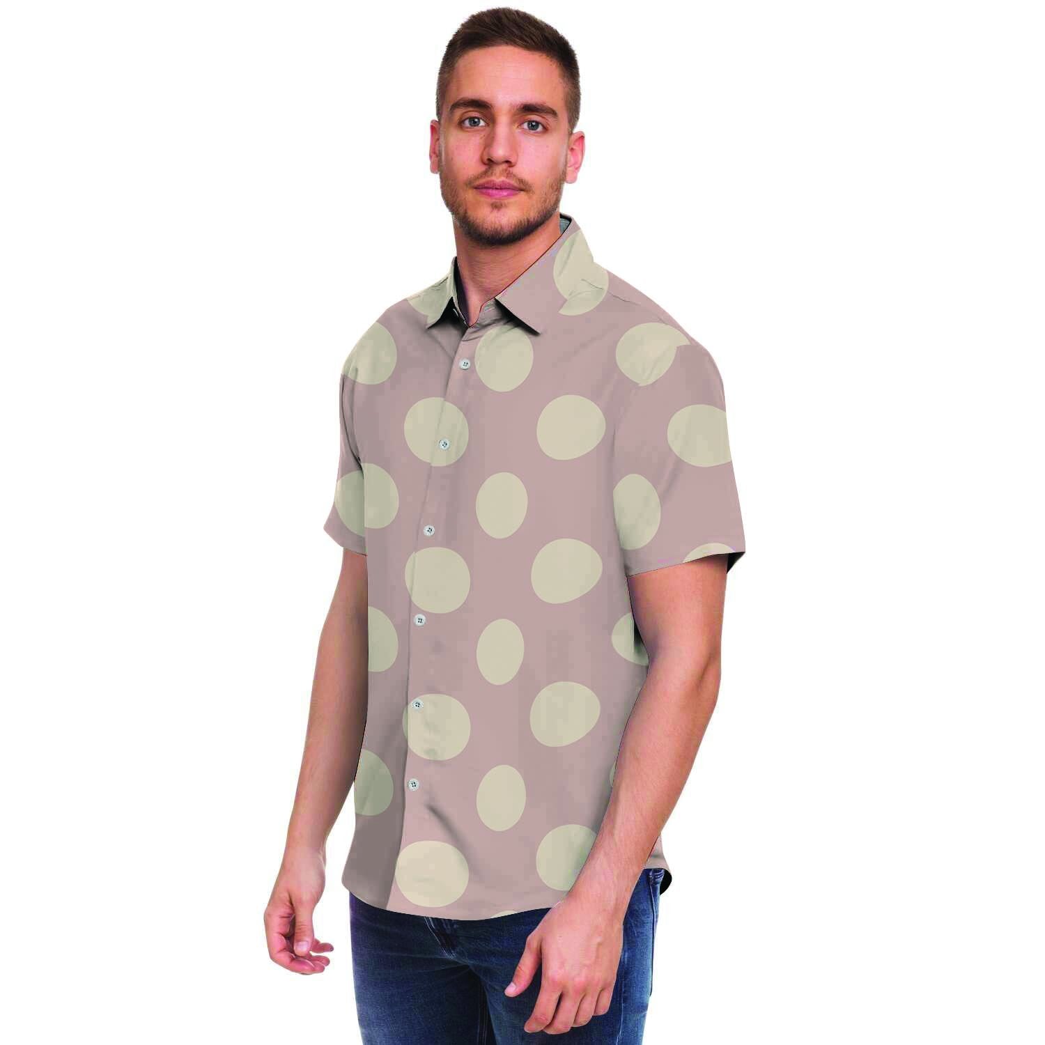 Tan Polka Dot Men Print Short Sleeve Button-Up Shirts