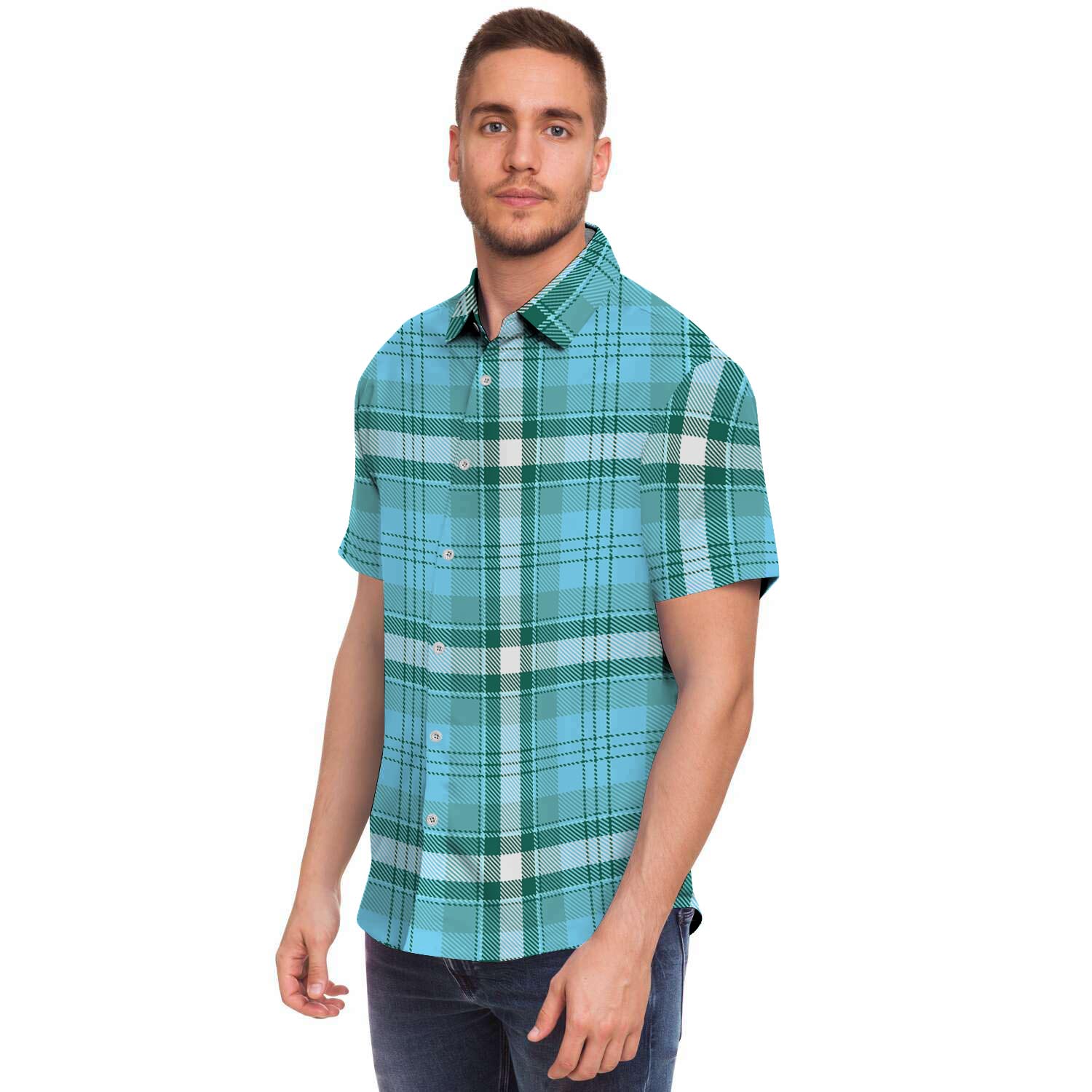 Tartan Aqua Blue Plaid Men Print Short Sleeve Button-Up Shirts