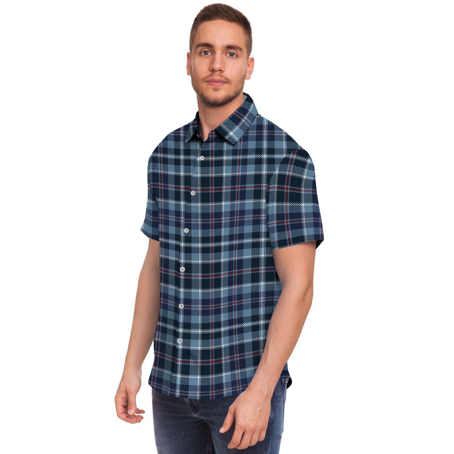 Tartan Blue Plaid Men Print Short Sleeve Button-Up Shirts