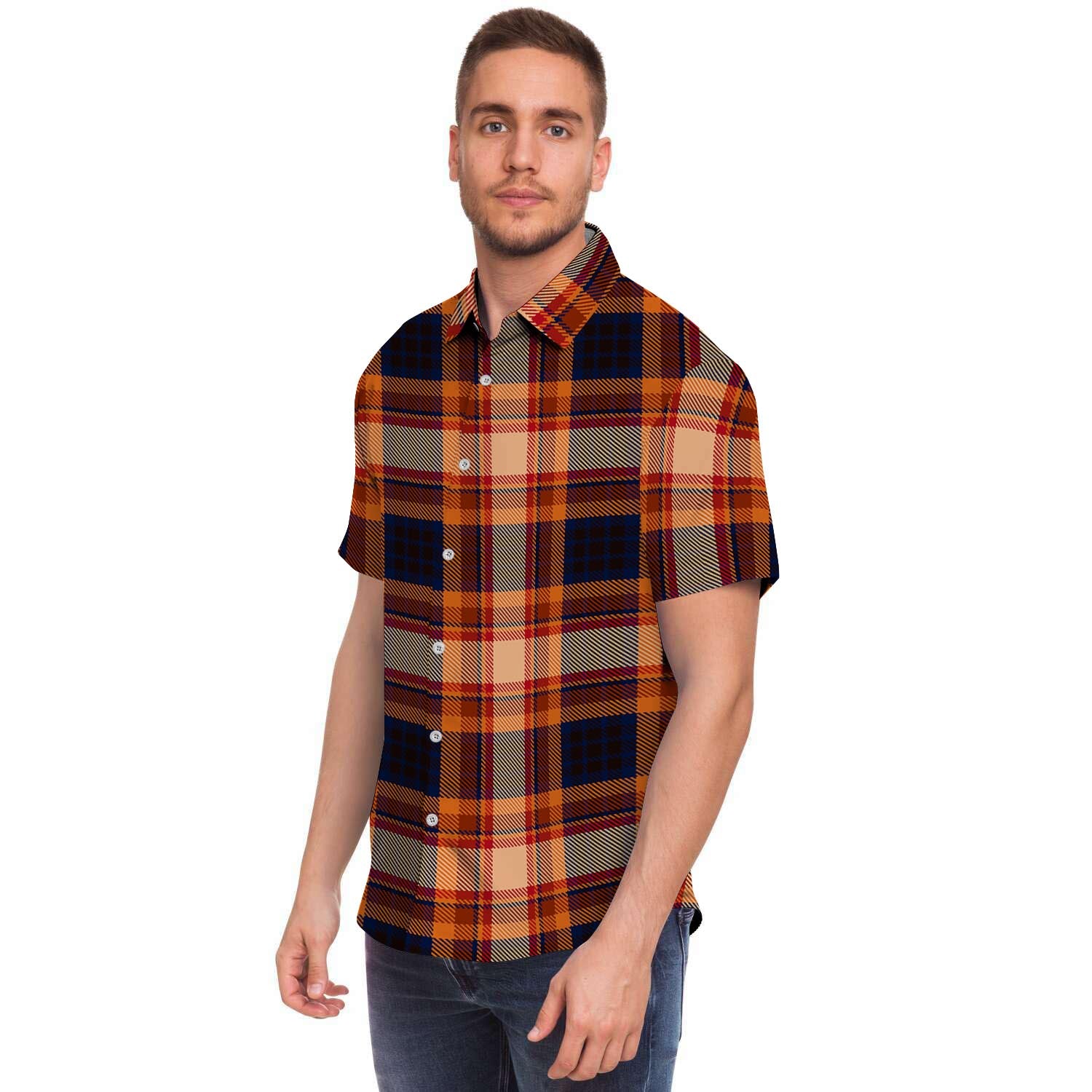 Tartan Brown Plaid Men Print Short Sleeve Button-Up Shirts