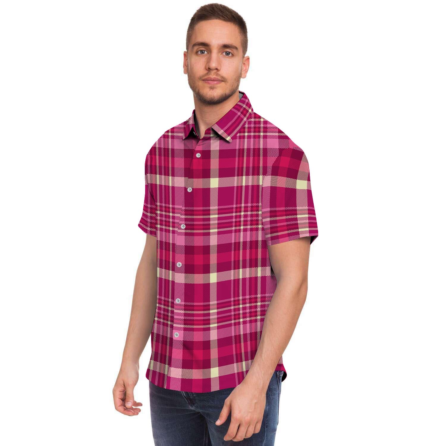 Tartan Pink Plaid Men Print Short Sleeve Button-Up Shirts