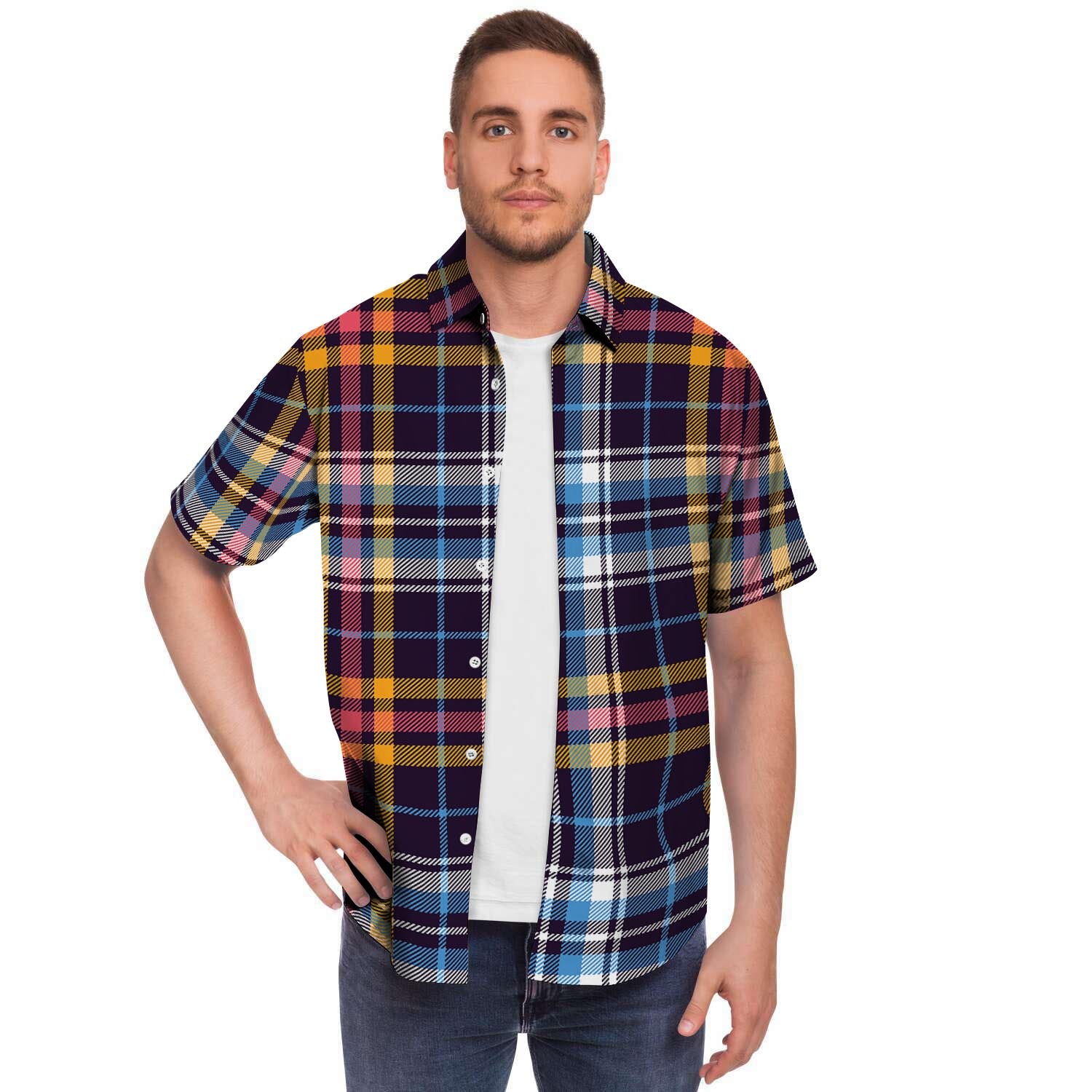 Tartan Plaid Men Print Short Sleeve Button-Up Shirts