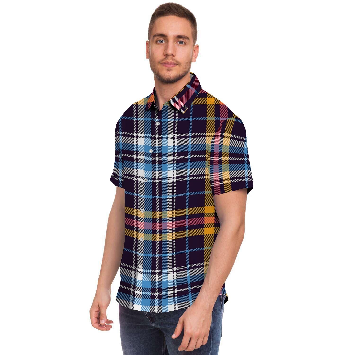 Tartan Plaid Men Print Short Sleeve Button-Up Shirts