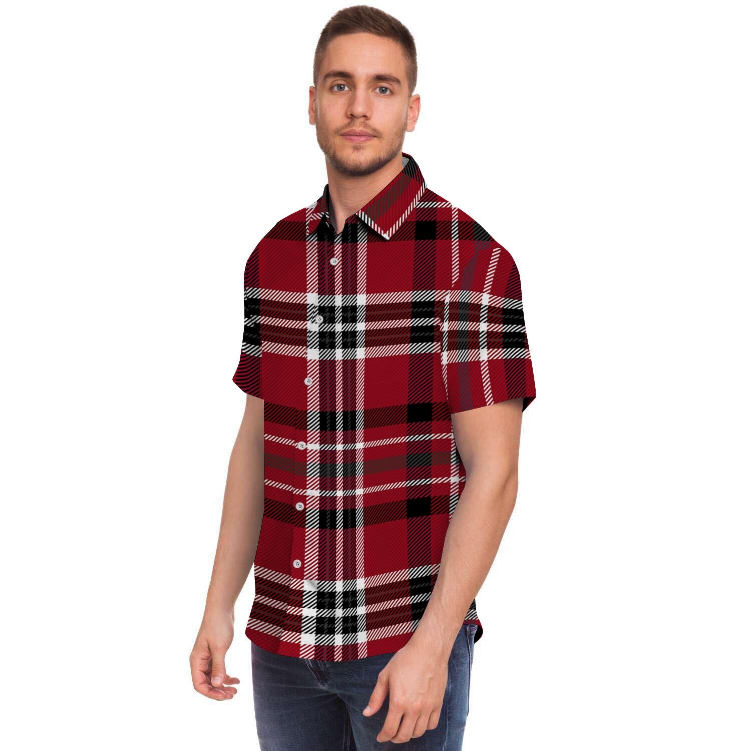 Tartan Plaid Print Men Print Short Sleeve Button-Up Shirts