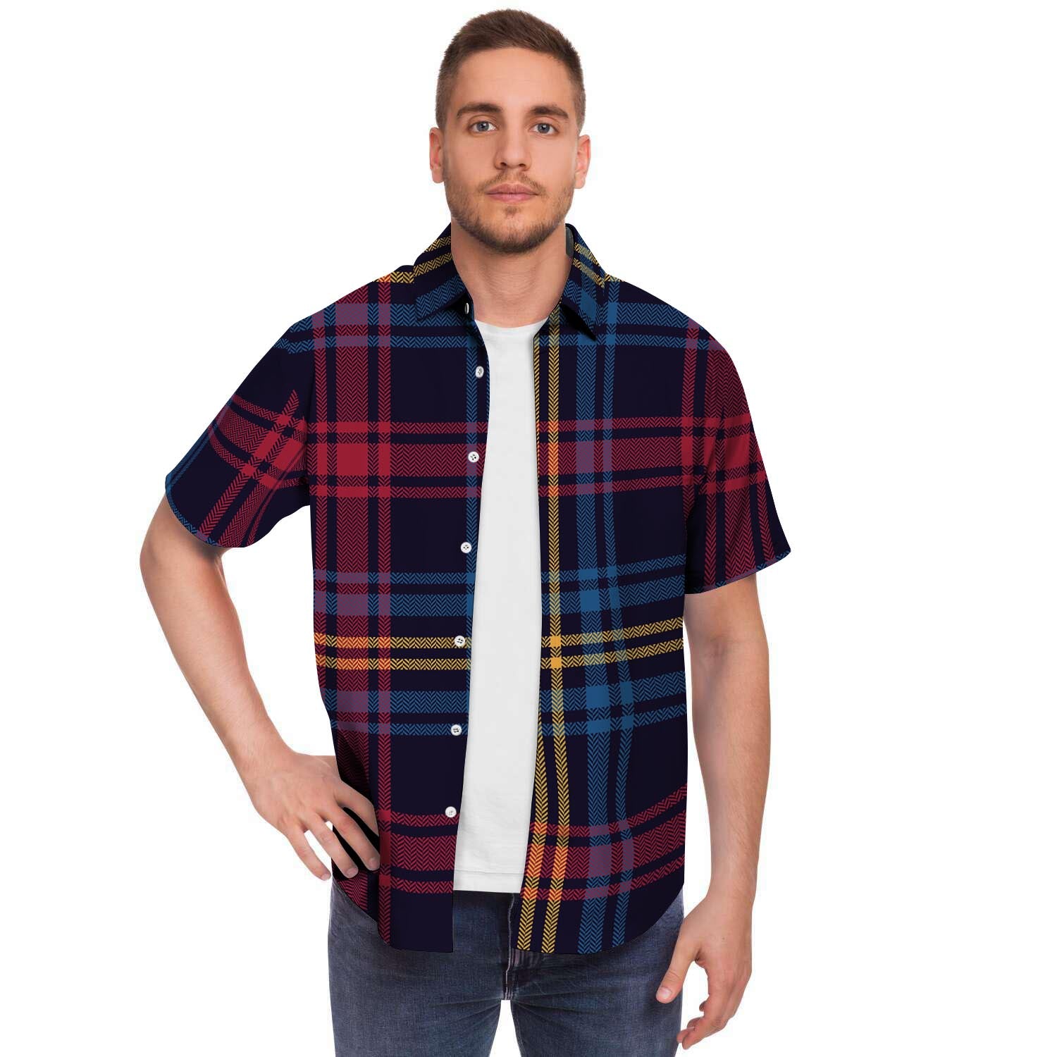 Tartan Print Men Print Short Sleeve Button-Up Shirts