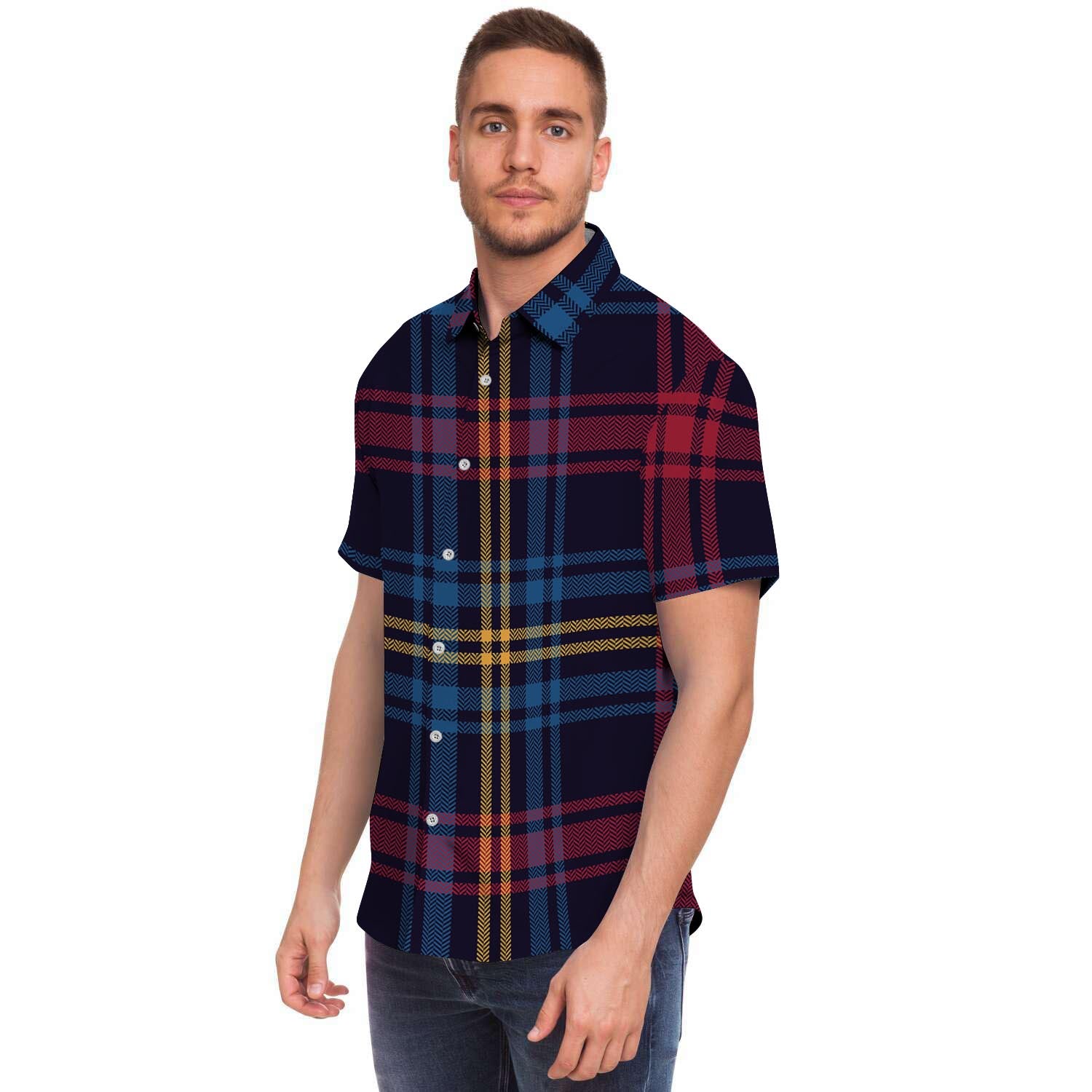 Tartan Print Men Print Short Sleeve Button-Up Shirts