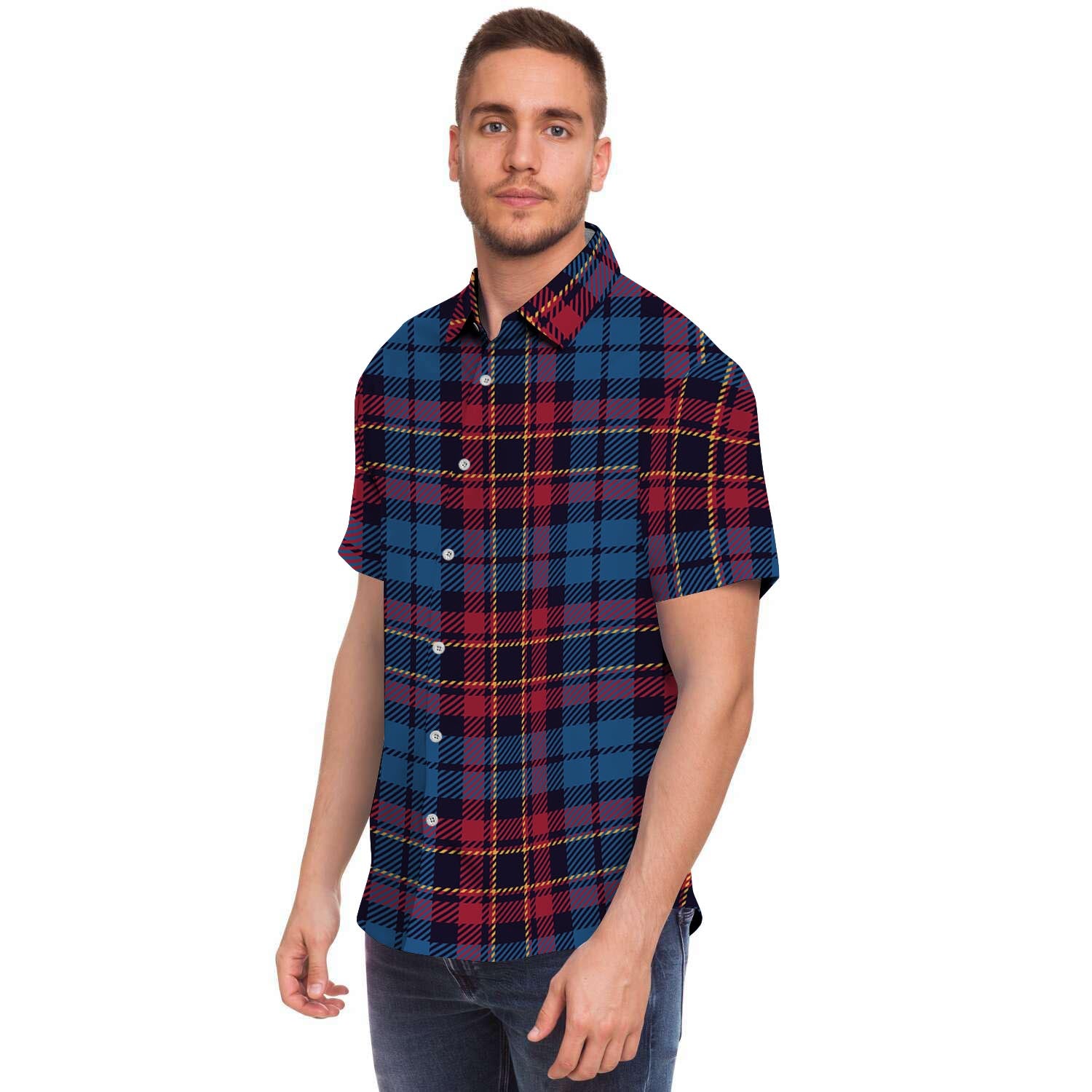 Tartan Red And Blue Plaid Men Print Short Sleeve Button-Up Shirts