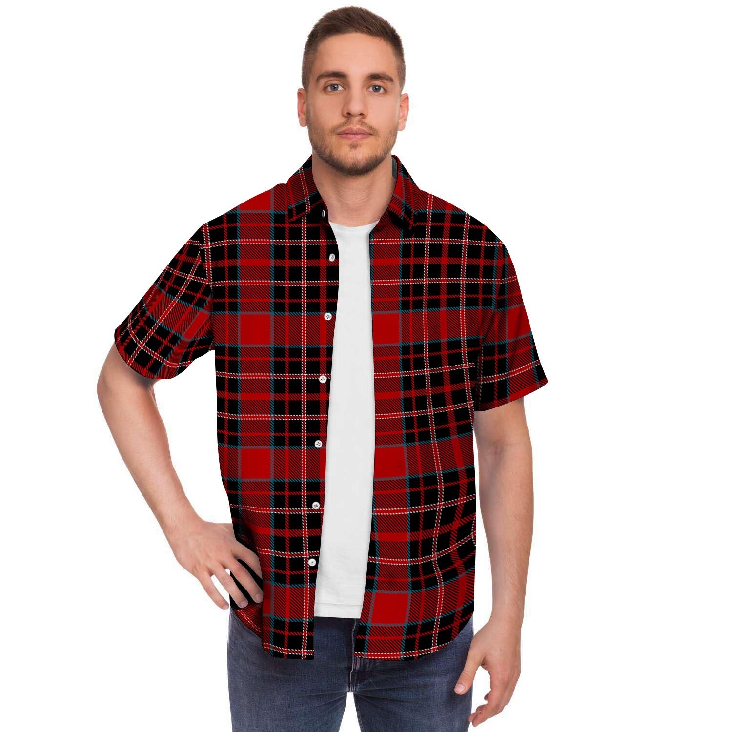 Tartan Red Plaid Men Print Short Sleeve Button-Up Shirts