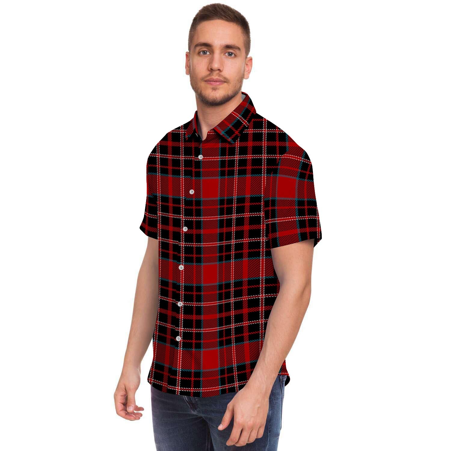 Tartan Red Plaid Men Print Short Sleeve Button-Up Shirts