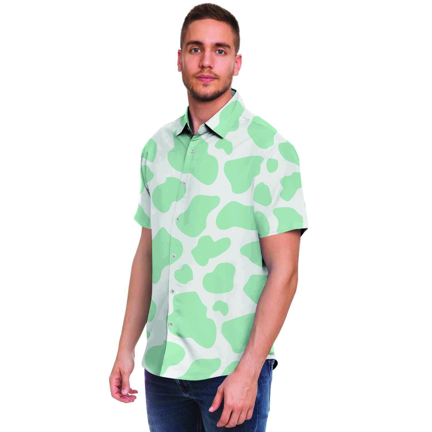 Teal And White Cow Print Men Print Short Sleeve Button-Up Shirts