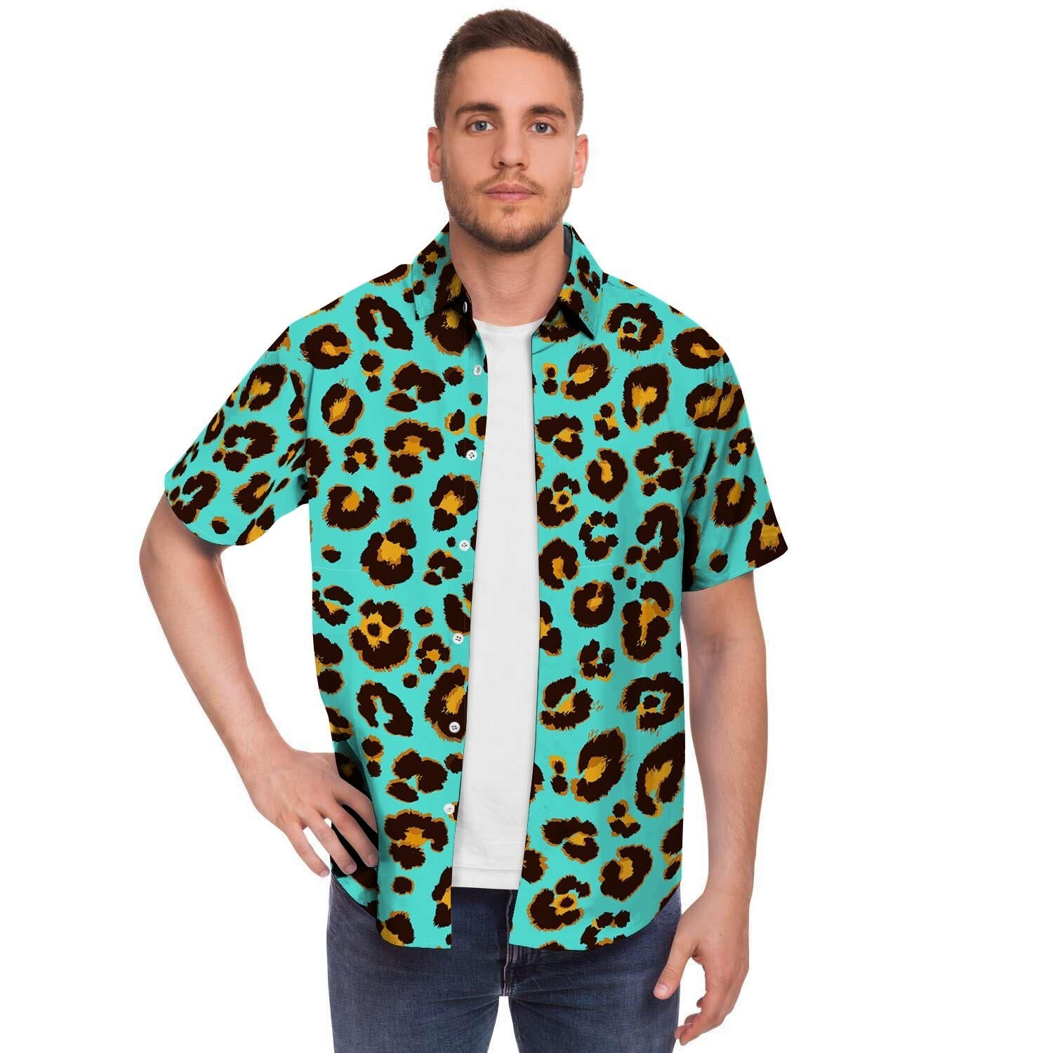Teal Cheetah Men Print Short Sleeve Button-Up Shirts