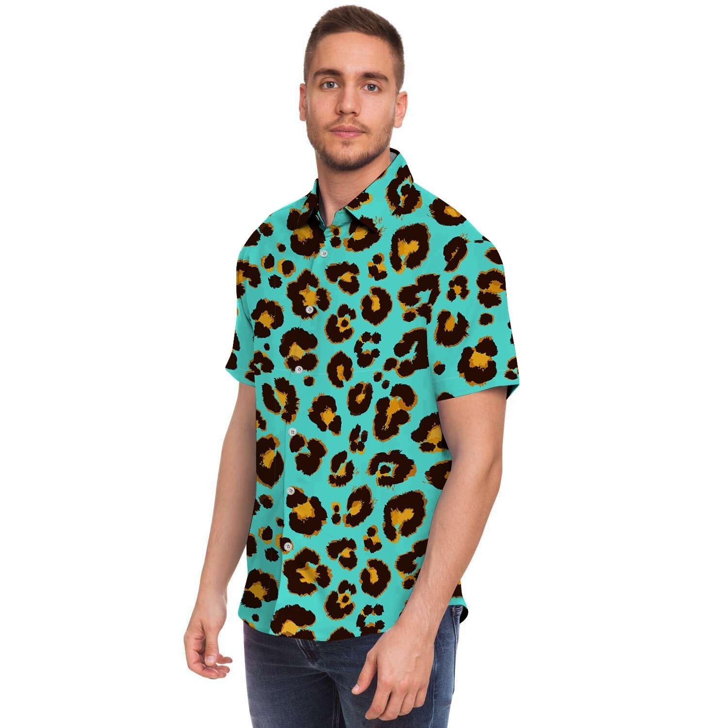 Teal Cheetah Men Print Short Sleeve Button-Up Shirts