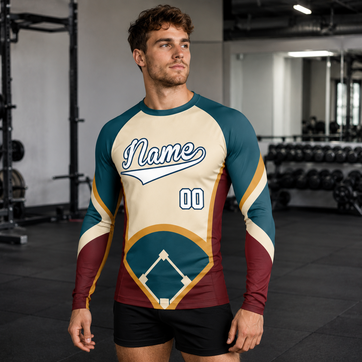 Baseball Diamond Panel Beige Customizable Long Sleeve Compression Shirt