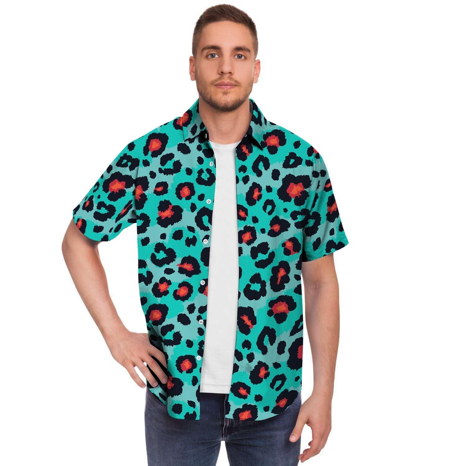 Teal Leopard Men Print Short Sleeve Button-Up Shirts