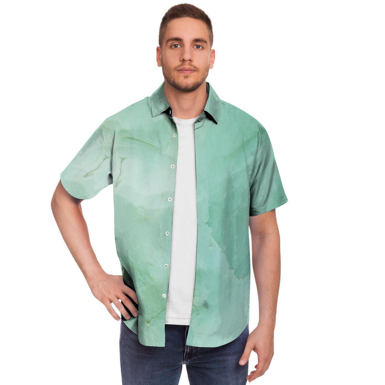 Teal Marble Men Print Short Sleeve Button-Up Shirts