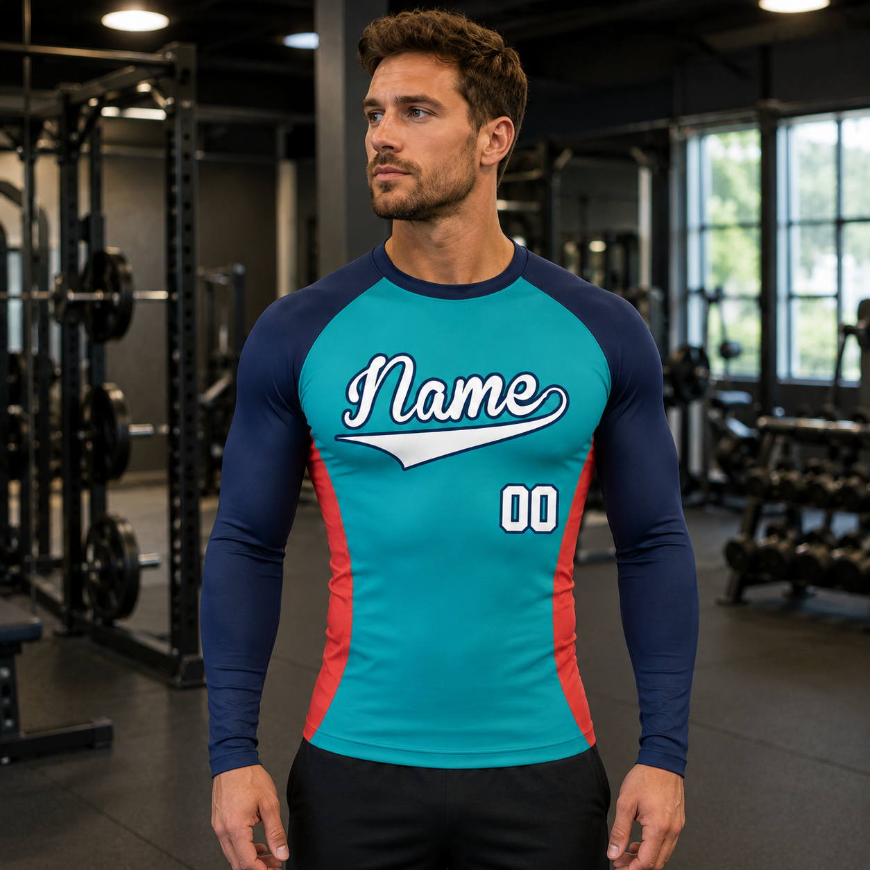 Side Panel Teal Primary Navy Accent Customizable Long Sleeve Compression Shirt