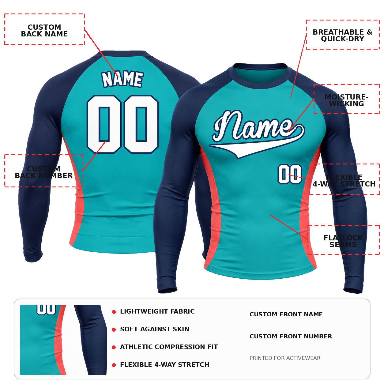 Side Panel Teal Primary Navy Accent Customizable Long Sleeve Compression Shirt