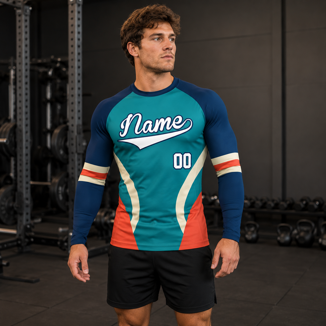 Curved Panel Navy Customizable Long Sleeve Compression Shirt