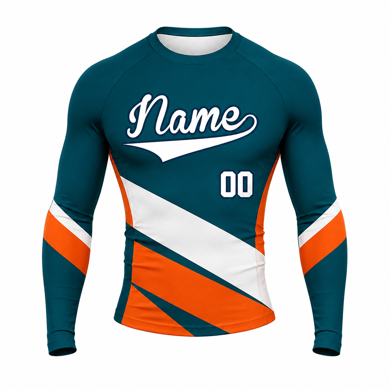 Angular Sash Navy Primary Orange White Accents Customizable Long Sleeve Compression Shirt