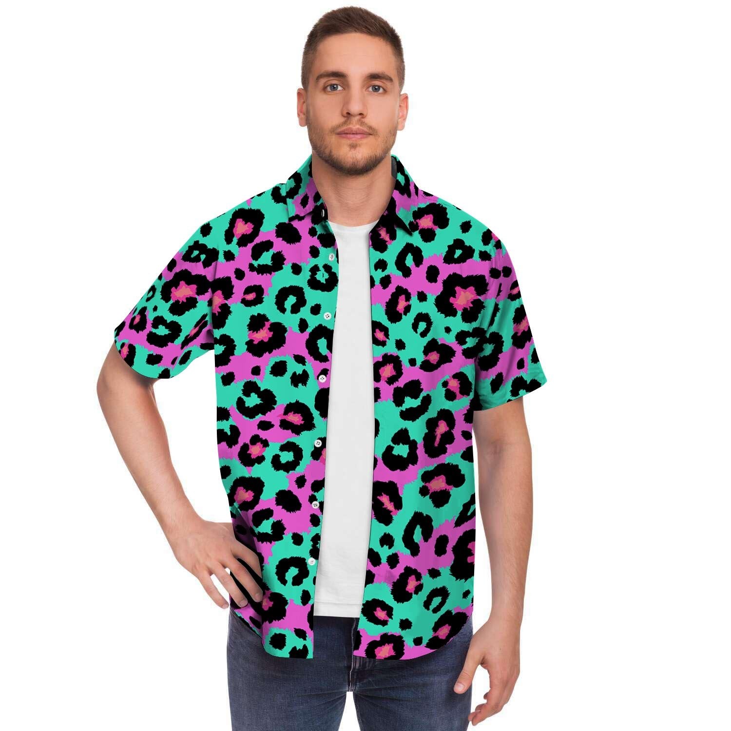 Teal Pink Leopard Men Print Short Sleeve Button-Up Shirts