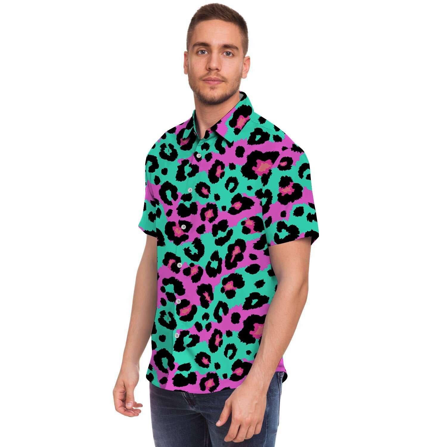 Teal Pink Leopard Men Print Short Sleeve Button-Up Shirts