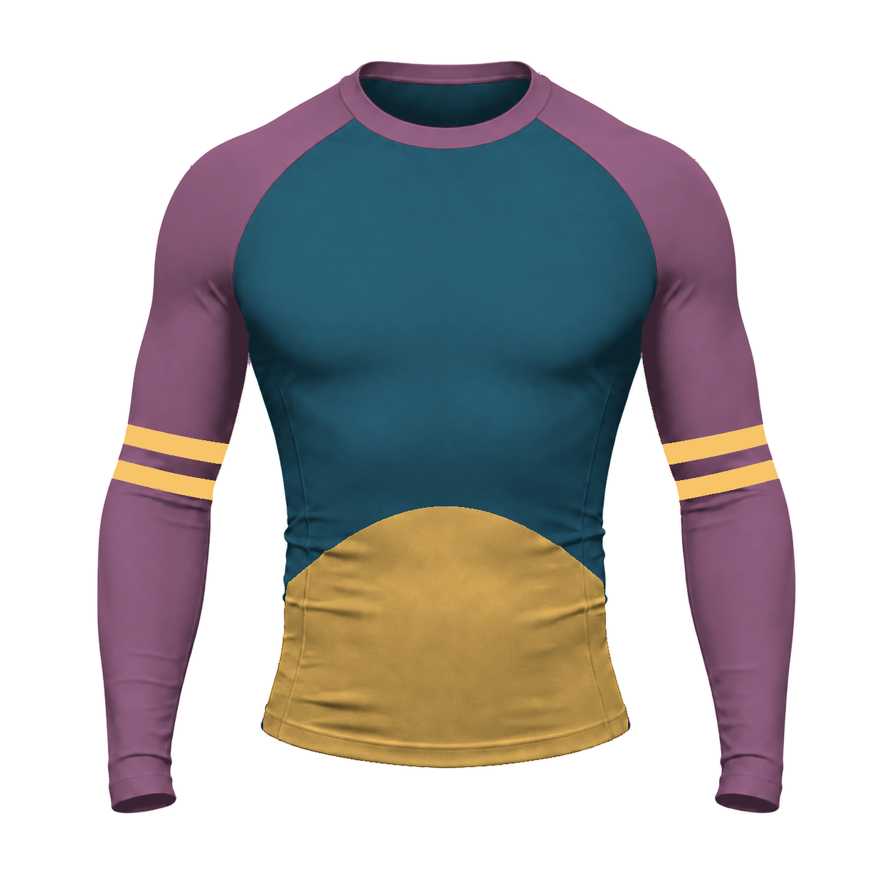 Teal Plum Mustard Curved Waist Panel Customizable Long Sleeve Compression Shirt front customization preview
