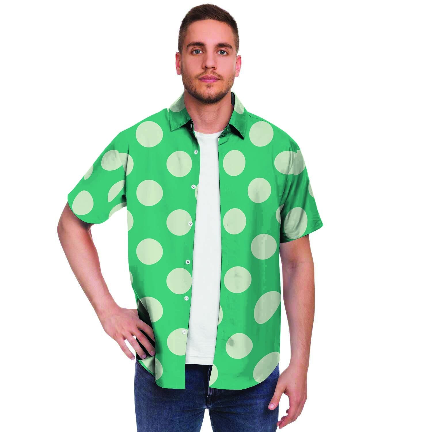 Teal Polka Dot Men Print Short Sleeve Button-Up Shirts
