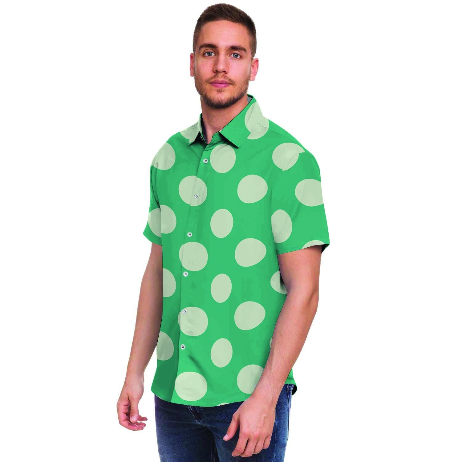 Teal Polka Dot Men Print Short Sleeve Button-Up Shirts