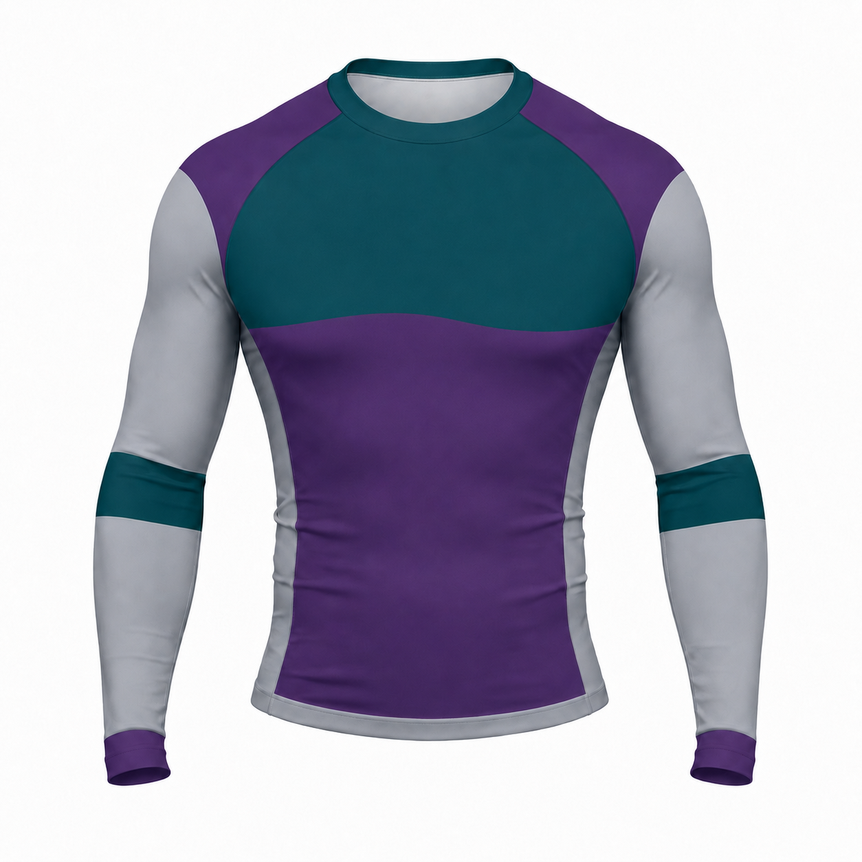 Teal Purple Silver Side Colorblock Customizable Long Sleeve Compression Shirt front customization preview
