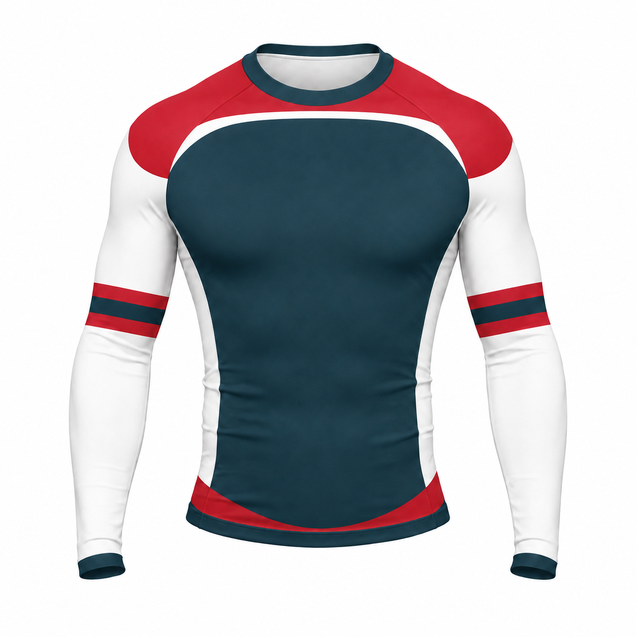 Teal White Red Shoulder Double Stripe Customizable Long Sleeve Compression Shirt front customization preview