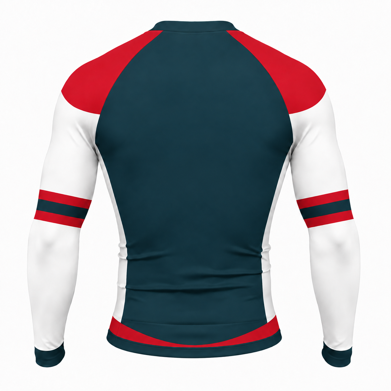 Teal White Red Shoulder Double Stripe Customizable Long Sleeve Compression Shirt back customization preview