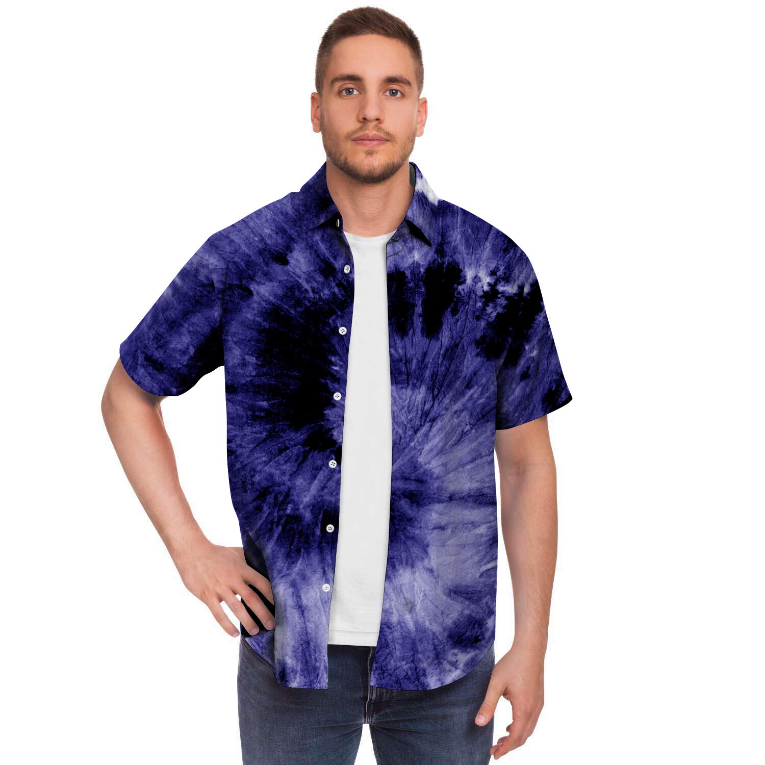Tie Dye Blue Men Print Short Sleeve Button-Up Shirts