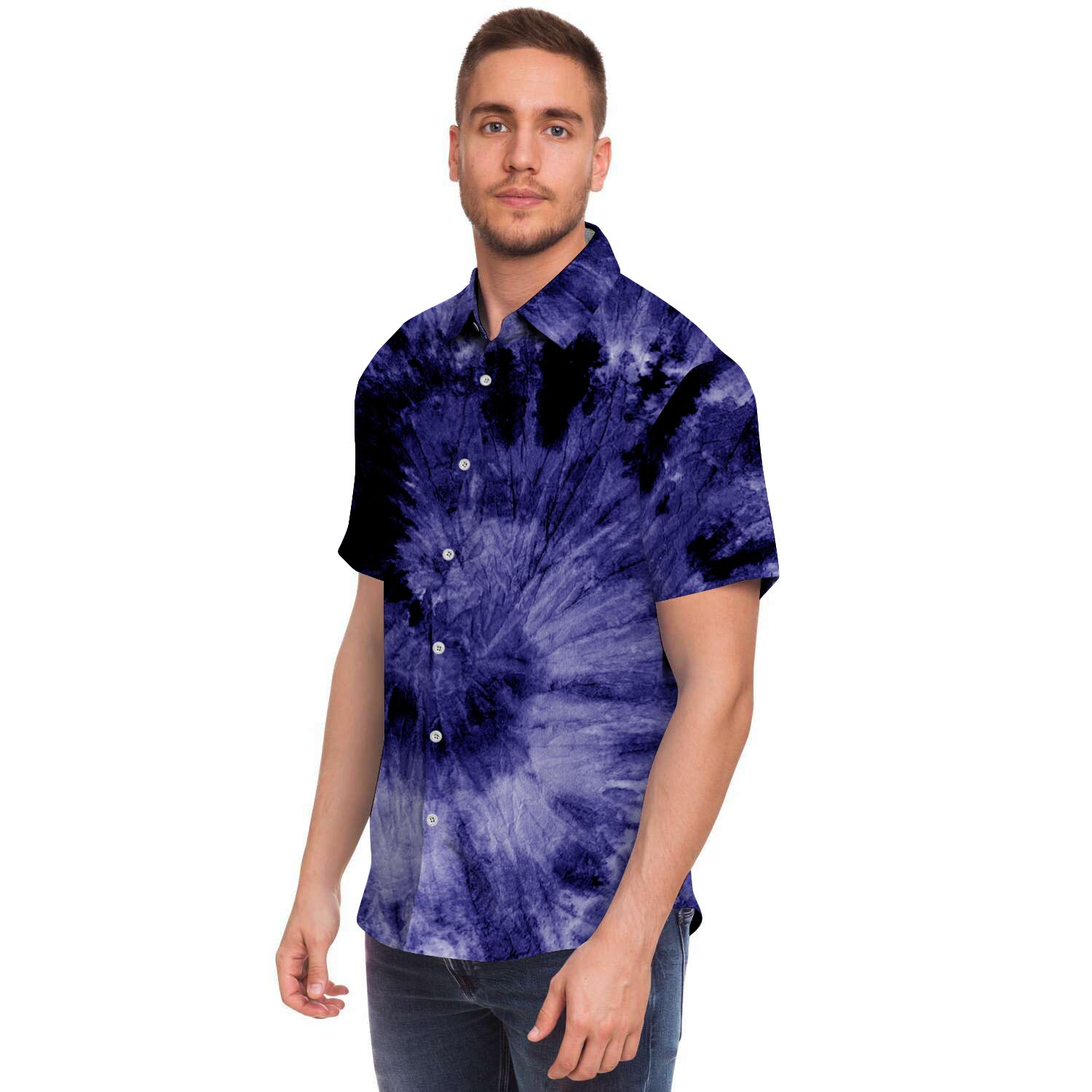 Tie Dye Blue Men Print Short Sleeve Button-Up Shirts
